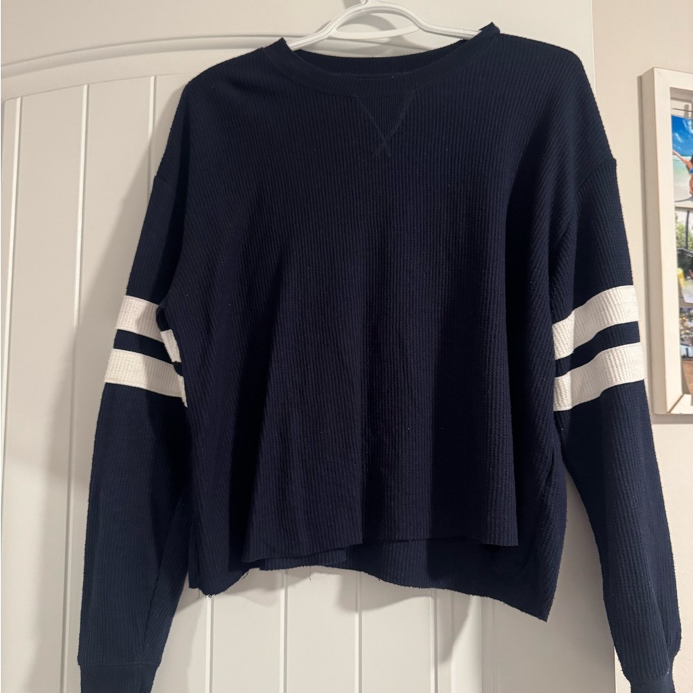 Navy Blue Sweater with White Stripes
